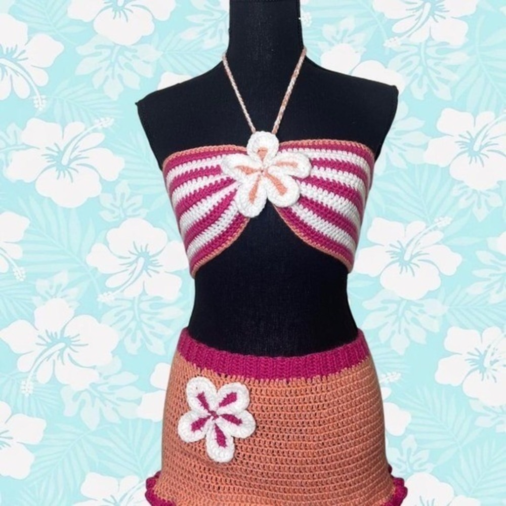 pink and white crocheted tropical/Hawaiian mini skirt and bikini top set